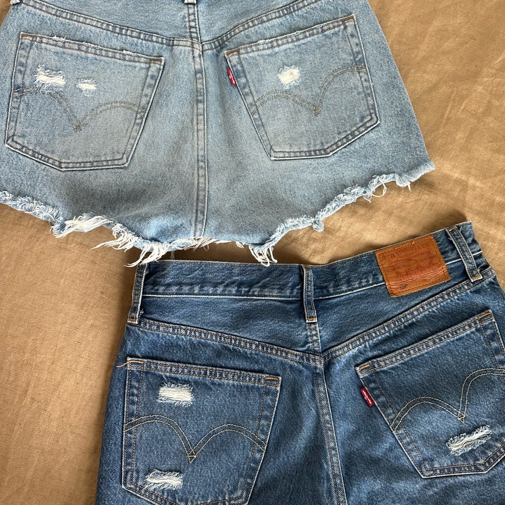 Levi's Blue High-Waisted Jean Shorts with Distressed Hem